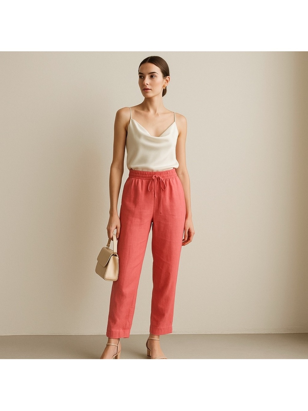 Joie Coral Pink Linen Pull-On Wide Leg Ankle Pants M Beachy Coastal